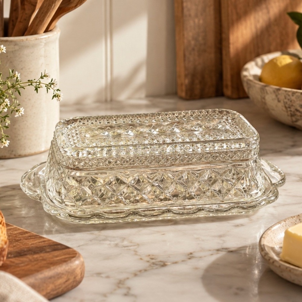 Vintage Butter Dish Diamond Point Starburst Glass Clear MCM Kitchen Farmhouse